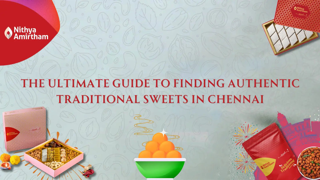 A beautifully arranged platter of assorted traditional South Indian sweets from Nithya Amirtham ,highlighting the blend of tradition and modernity